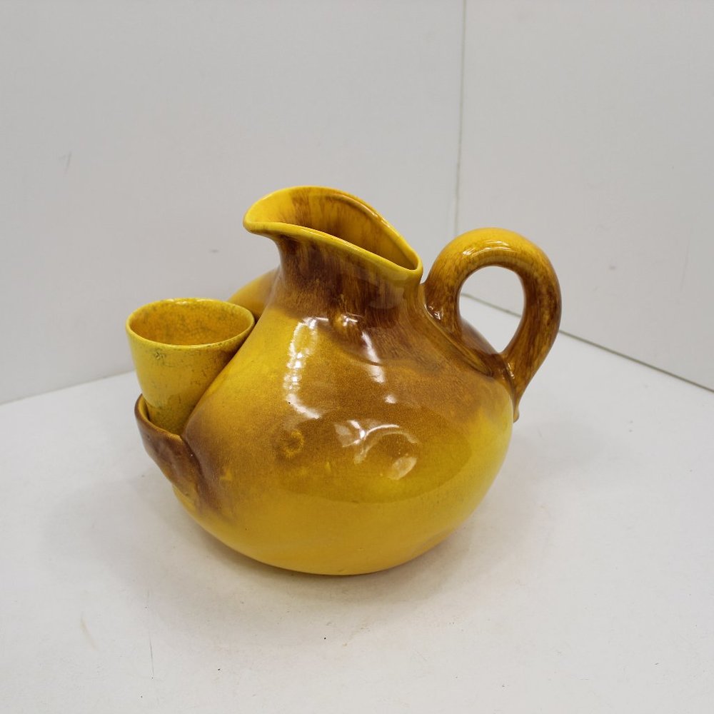 Vintage Yellow Brown Drip Glazed Pottery Pitcher with Cup